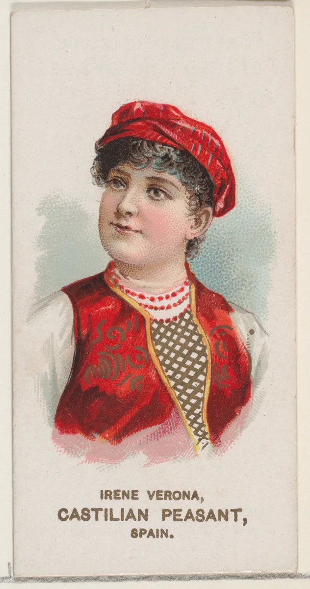 Irene Verona Dressed as Castilian Peasant, Spain, from the set Actors and Actresses, Second Series (N71) for Duke brand cigarettes by W. Duke, Sons & Co., print, 1888-1890
