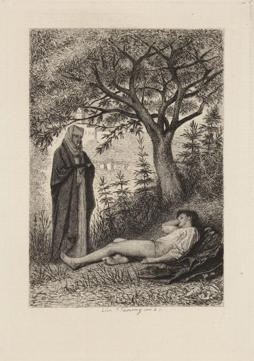 Le Jardinier du Couvent, plate 3 from "The Decameron" by Léopold Flameng, print, 1868-1878