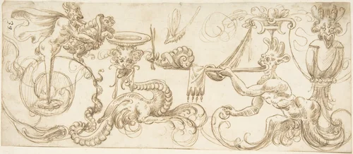 Design for a Frieze with Grotesques by Andrés de Melgar, drawing, 1540-1560