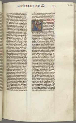 Fol. 160r, Chronicles II, historiated initial C, Solomon kneeling before an altar praying, a bust of God above by Unknown, book, 1270-1300