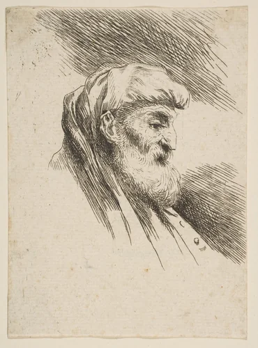 Head of an old bearded man facing right, from the series of 'Small Heads in Oriental Headdress' by Giovanni Benedetto Castiglione, print, 1640-1650