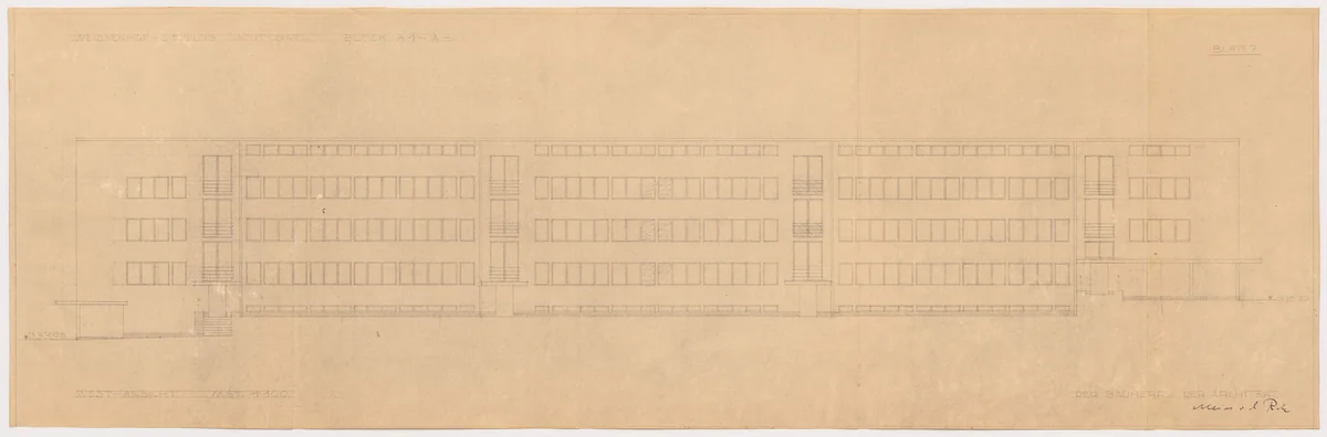 Weissenhof Apartment House, "The Dwelling" Exhibition, Stuttgart, Germany (Plan, block A1-A4, West elevation) by Ludwig Mies van der Rohe, mies van der rohe archive, 1926