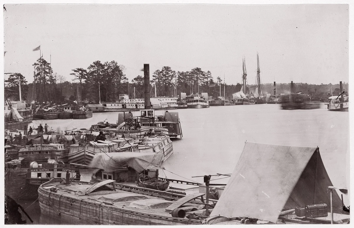 [Barges, Steamers, and Transports, White House Landing, Pamunkey River, Virginia] by Timothy O'Sullivan, photograph, 1861-1865