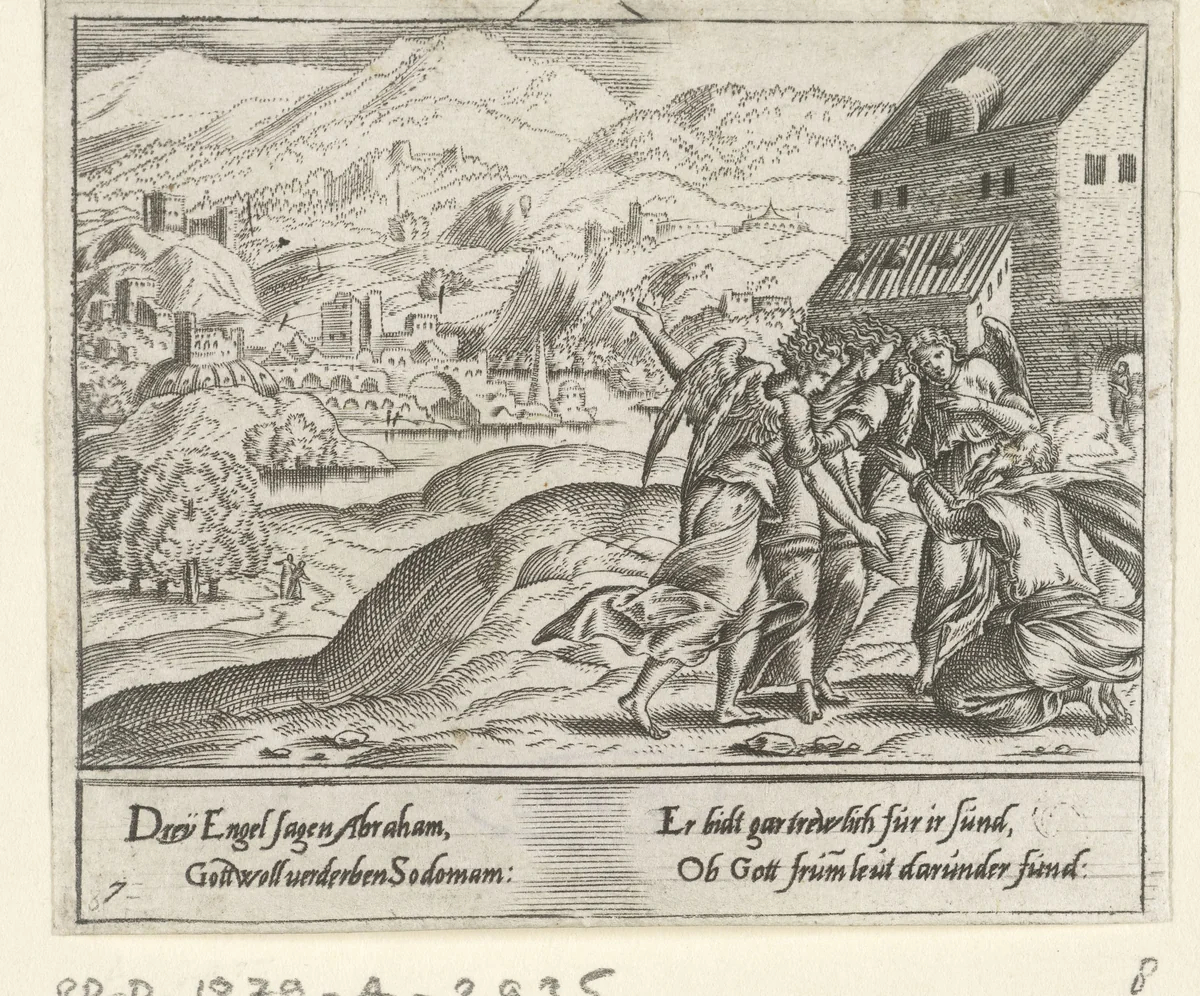 Abraham smeekt de drie engelen Sodom te sparen by Cornelis Bos, print, 1555