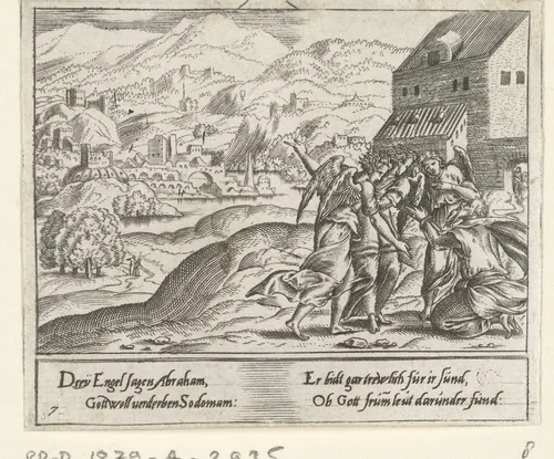 Abraham smeekt de drie engelen Sodom te sparen by Cornelis Bos, print, 1555