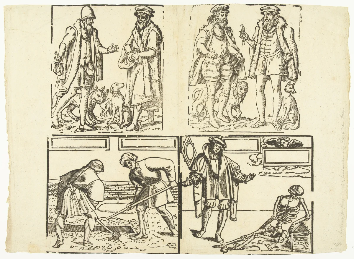 Blad met vier voorstellingen by anonymous, print, 1550-1600