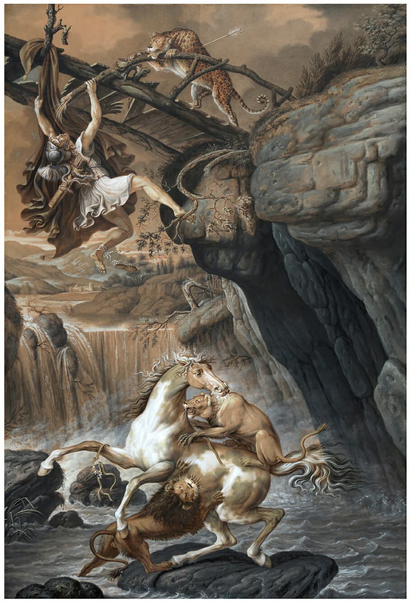 A Greek Warrior Attacked by a Leopard by Anthelme-François Lagrenée, print, 1800