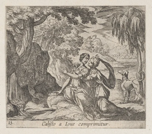 Plate 13:Jupiter and Callisto (Calisto a Iove comprimitur), from Ovid's 'Metamorphoses' by Antonio Tempesta, print, 1606