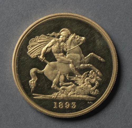 Five Pound Piece: St. George and the Dragon (reverse) by Benedetto Pistrucci, metalwork, 1893