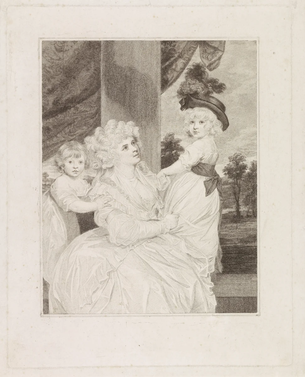 Portret van Jane Stanhope met haar twee kinderen by Francesco Bartolozzi, print, 1738-1815