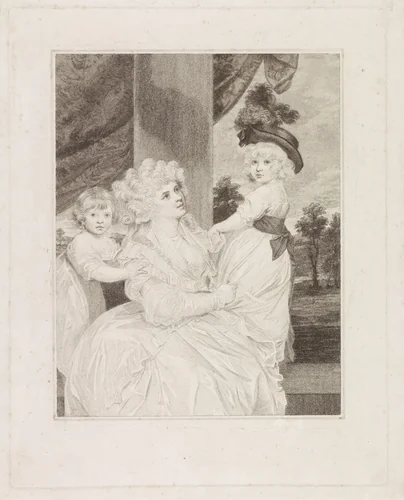 Portret van Jane Stanhope met haar twee kinderen by Francesco Bartolozzi, print, 1738-1815