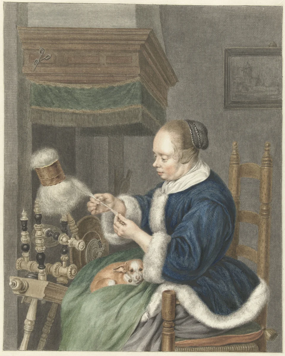 De Spinster by Abraham Delfos, drawing, 1741-1820