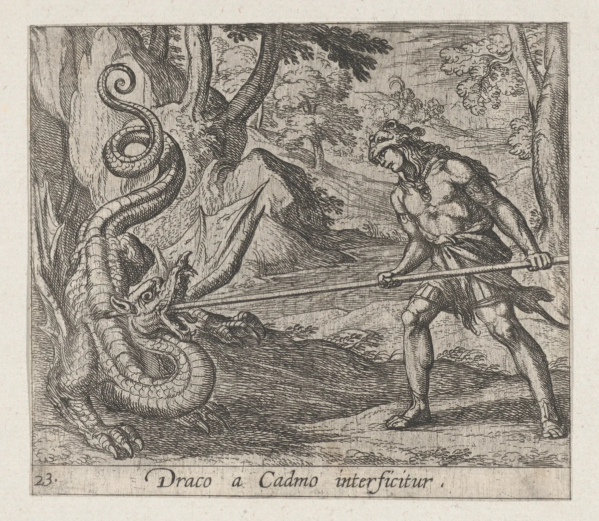Plate 23: Cadmus Killing the Serpent (Draco a Cadmo interficitur), from Ovid's 'Metamorphoses' by Antonio Tempesta, print, 1606