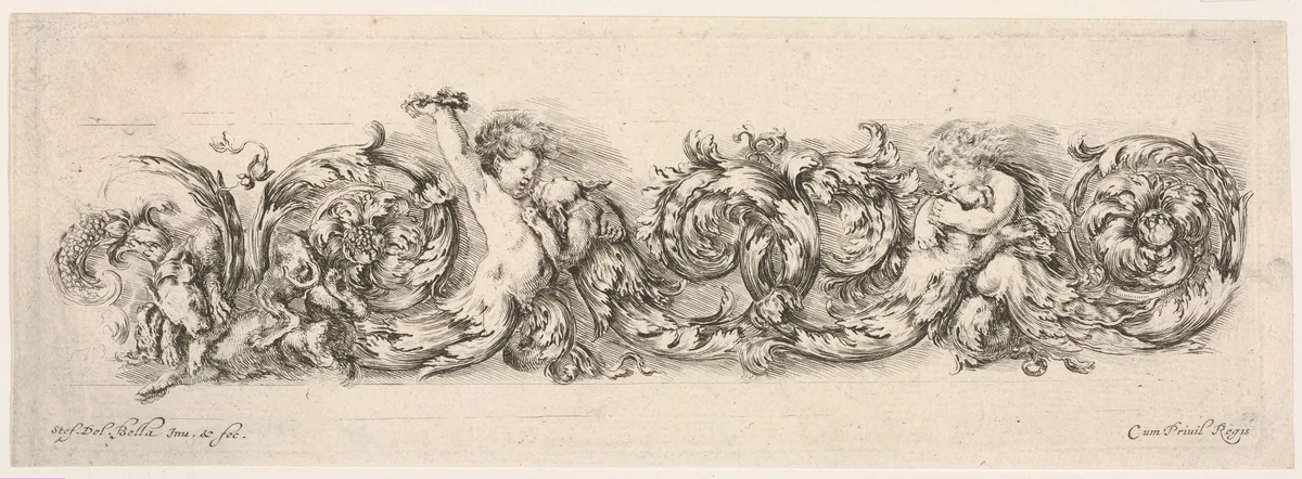Design for a Frieze with Acanthus Scrolls and Playing Putti and Dogs, plate 12 from "Decorative friezes and foliage" (Ornamenti di fregi e fogliami) by Stefano della Bella, print, 1645-1650