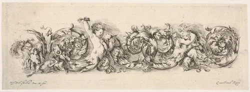 Design for a Frieze with Acanthus Scrolls and Playing Putti and Dogs, plate 12 from "Decorative friezes and foliage" (Ornamenti di fregi e fogliami) by Stefano della Bella, print, 1645-1650