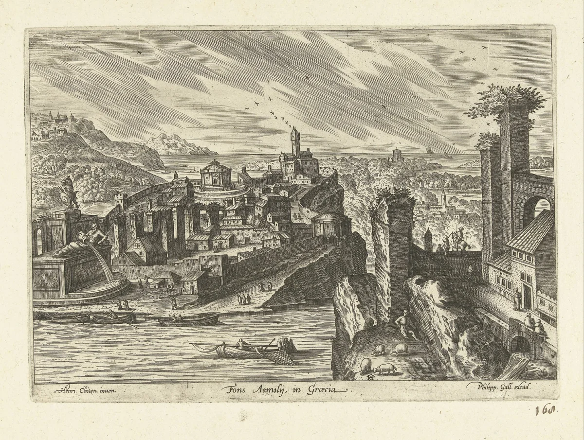 Gezicht op een bron van een onbekende rivier in Griekenland by anonymous, print, 1585