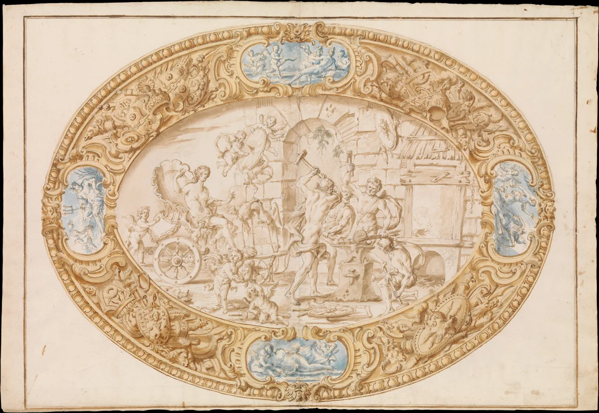 Design (Full-Scale Working Drawing) for a Large Oval Silver Dish with Silver Gilt Border Showing Vulcan's Forge by Giovanni Giardini, drawing, 1646-1722