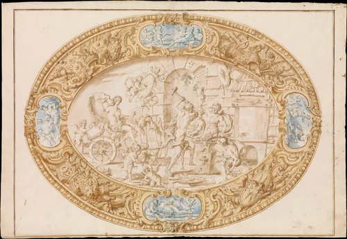 Design (Full-Scale Working Drawing) for a Large Oval Silver Dish with Silver Gilt Border Showing Vulcan's Forge by Giovanni Giardini, drawing, 1646-1722