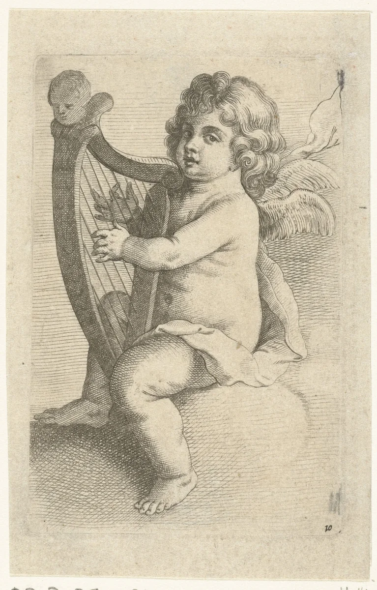 Harp spelend engeltje by Pieter van Avont, print, 1630-1652
