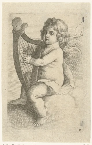Harp spelend engeltje by Pieter van Avont, print, 1630-1652