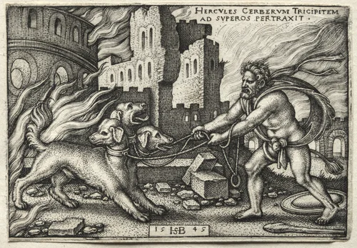 The Labors of Hercules: Hercules Dragging Cerberus from the Underworld by Hans Sebald Beham, print, 1545