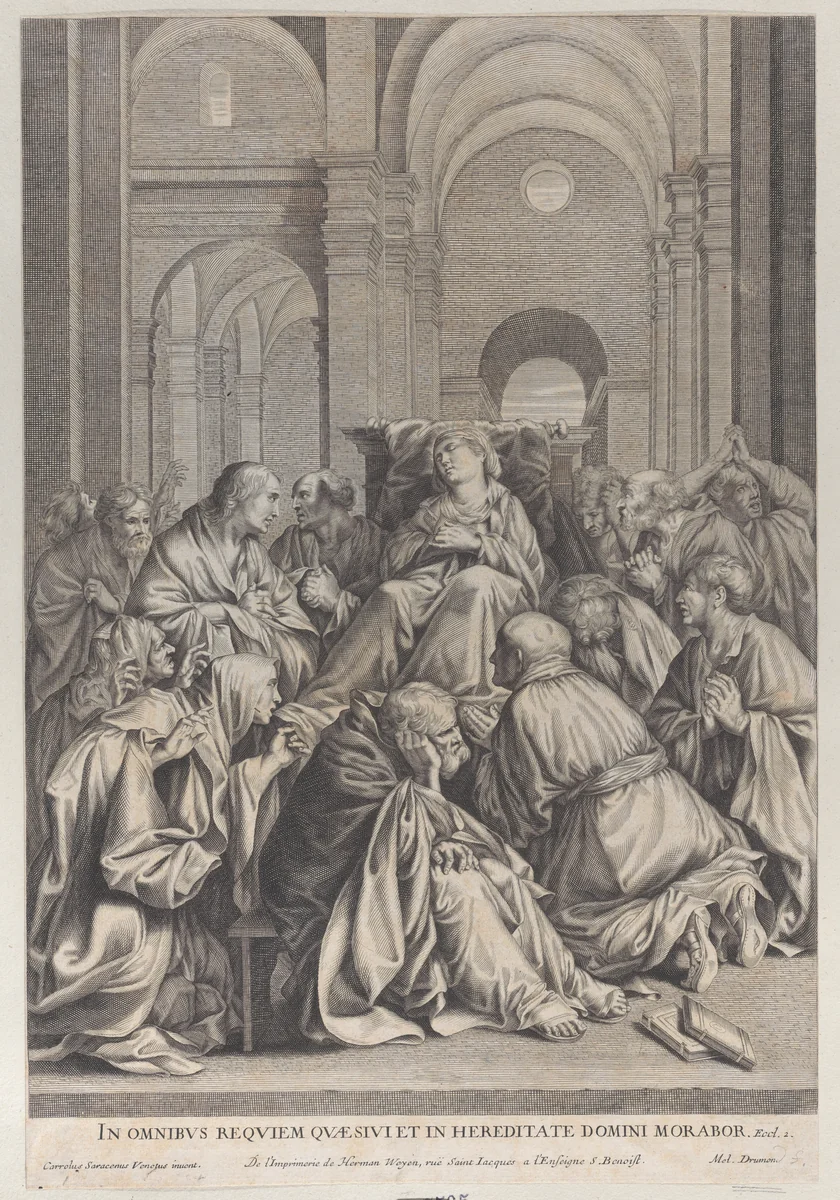 Death of the Virgin, lying on a chair at center, surrounded by Apostles, inside a temple by anonymous, print, 1619-1672