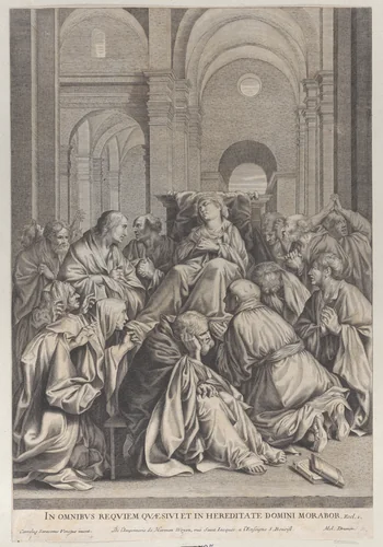 Death of the Virgin, lying on a chair at center, surrounded by Apostles, inside a temple by anonymous, print, 1619-1672