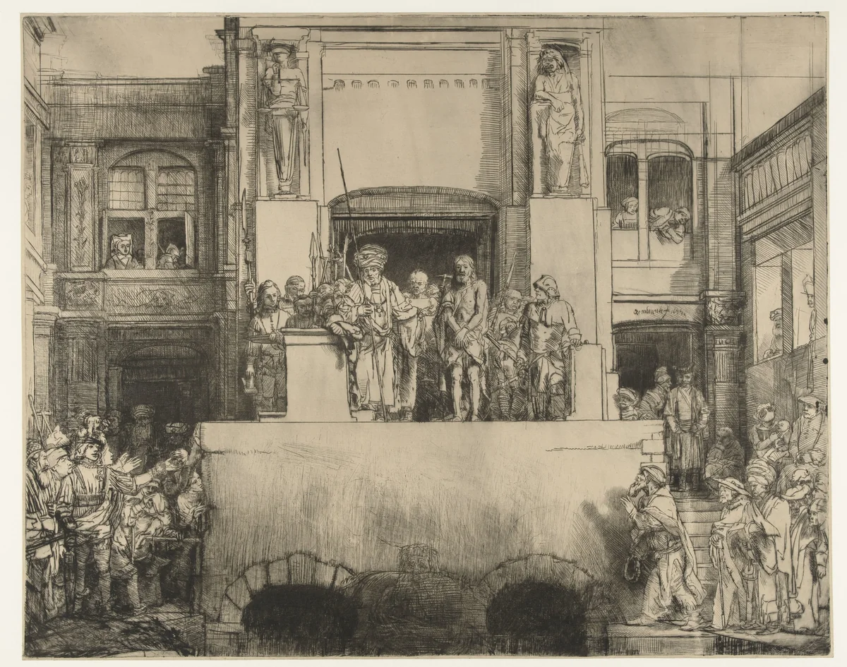 Christ presented to the people: oblong plate by Rembrandt van Rijn, print, 1655
