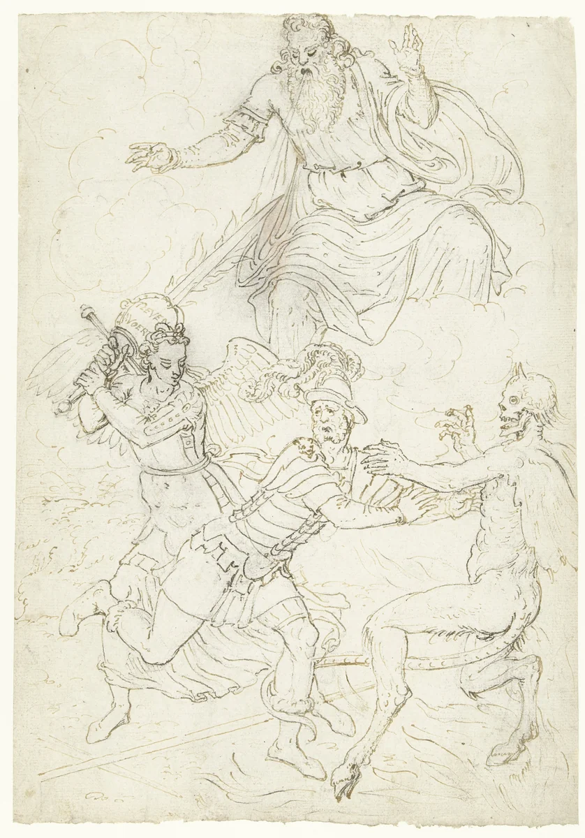 Soldaat tussen H. Michaël en de duivel by Dirck Pietersz. Crabeth, drawing, 1550-1574
