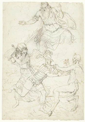 Soldaat tussen H. Michaël en de duivel by Dirck Pietersz. Crabeth, drawing, 1550-1574