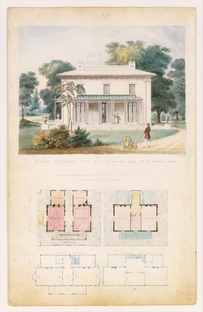 Villa for David Codwise, near New Rochelle, NY (project; elevation and four plans) by Alexander Jackson Davis, drawing, 1835