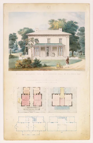Villa for David Codwise, near New Rochelle, NY (project; elevation and four plans) by Alexander Jackson Davis, drawing, 1835