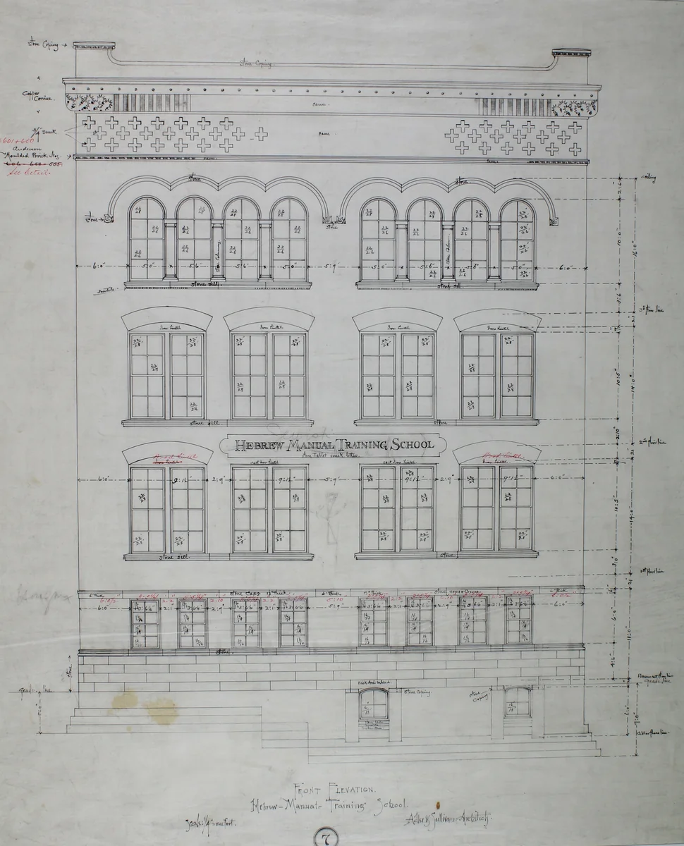 Hebrew Manual Training School, Chicago, Illinois, Front Elevation by Adler and Sullivan, drawing, 1889-1890