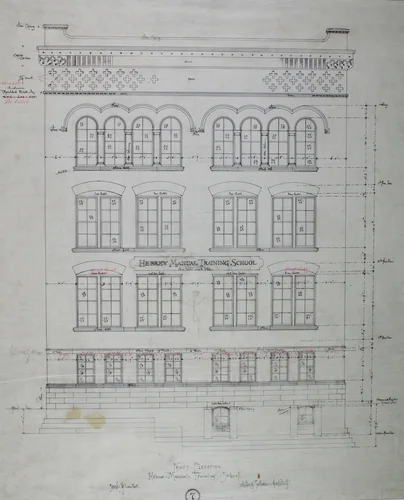 Hebrew Manual Training School, Chicago, Illinois, Front Elevation by Adler and Sullivan, drawing, 1889-1890