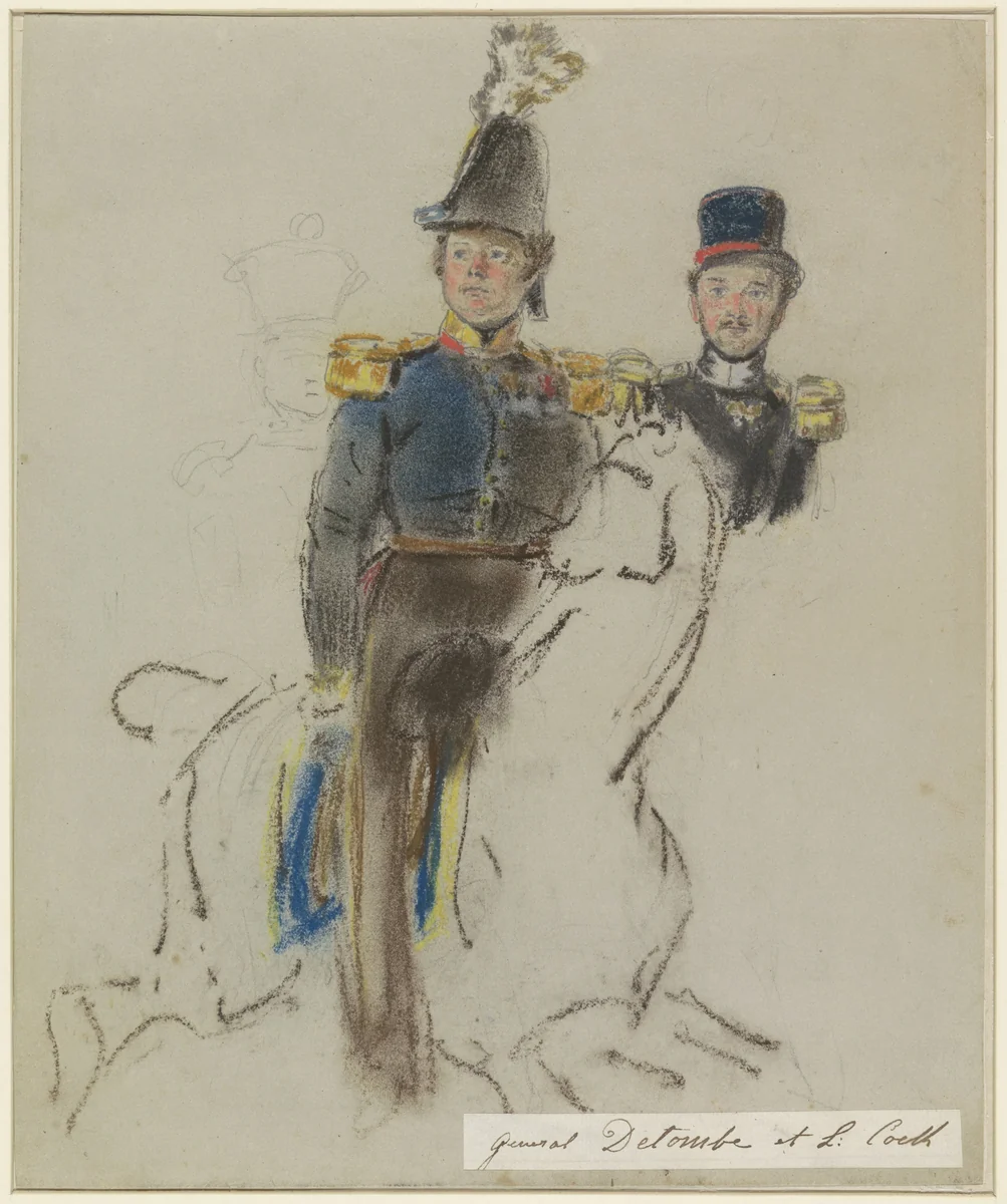 Portret van generaal des Tombe, te paard; rechts van hem een portret van L. Cock by Jacob Joseph Eeckhout, drawing, 1803-1861