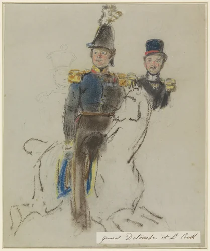 Portret van generaal des Tombe, te paard; rechts van hem een portret van L. Cock by Jacob Joseph Eeckhout, drawing, 1803-1861
