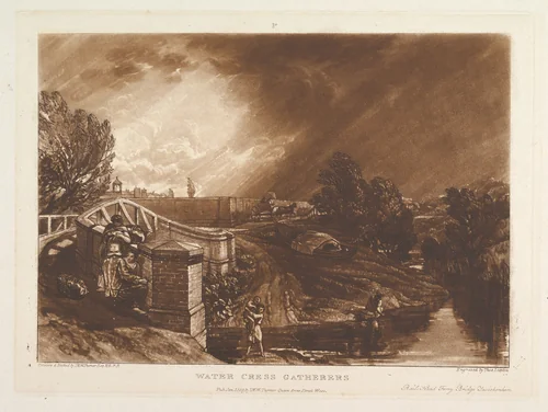 Water Cress Gatherers, Rails Head Ferry Bridge, Twickenham, part XIII, plate 62 from "Liber Studiorum" by Joseph Turner, print, 1819