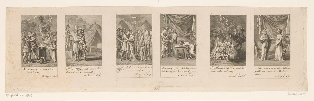 Zes voorstellingen uit Shakespeares Coriolan by Daniel Nikolaus Chodowiecki, print, 1786