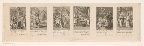 Zes voorstellingen uit Shakespeares Coriolan by Daniel Nikolaus Chodowiecki, print, 1786