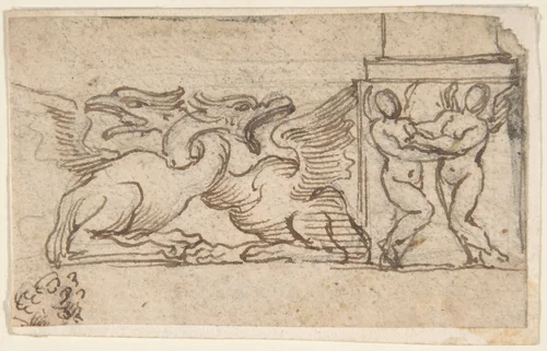 Ornamental Design of Winged Female Figures and Dragons by anonymous, drawing, 1600-1700