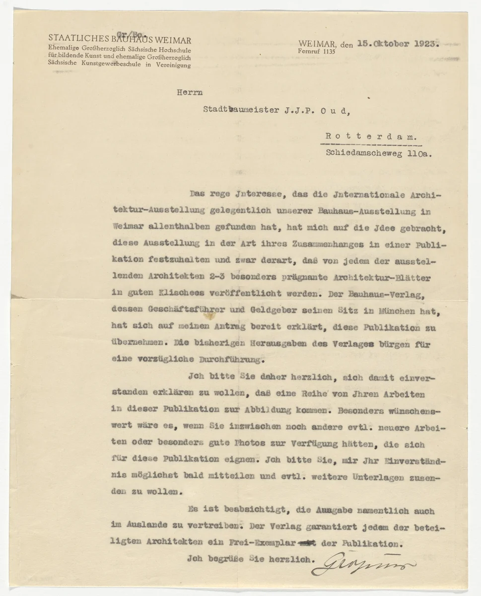 Staatliches Bauhaus Weimar letterhead (Letter to J.J.P. Oud from Walter Gropius) by Unidentified Designer, design, 1923
