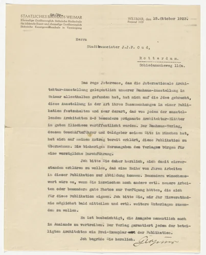 Staatliches Bauhaus Weimar letterhead (Letter to J.J.P. Oud from Walter Gropius) by Unidentified Designer, design, 1923