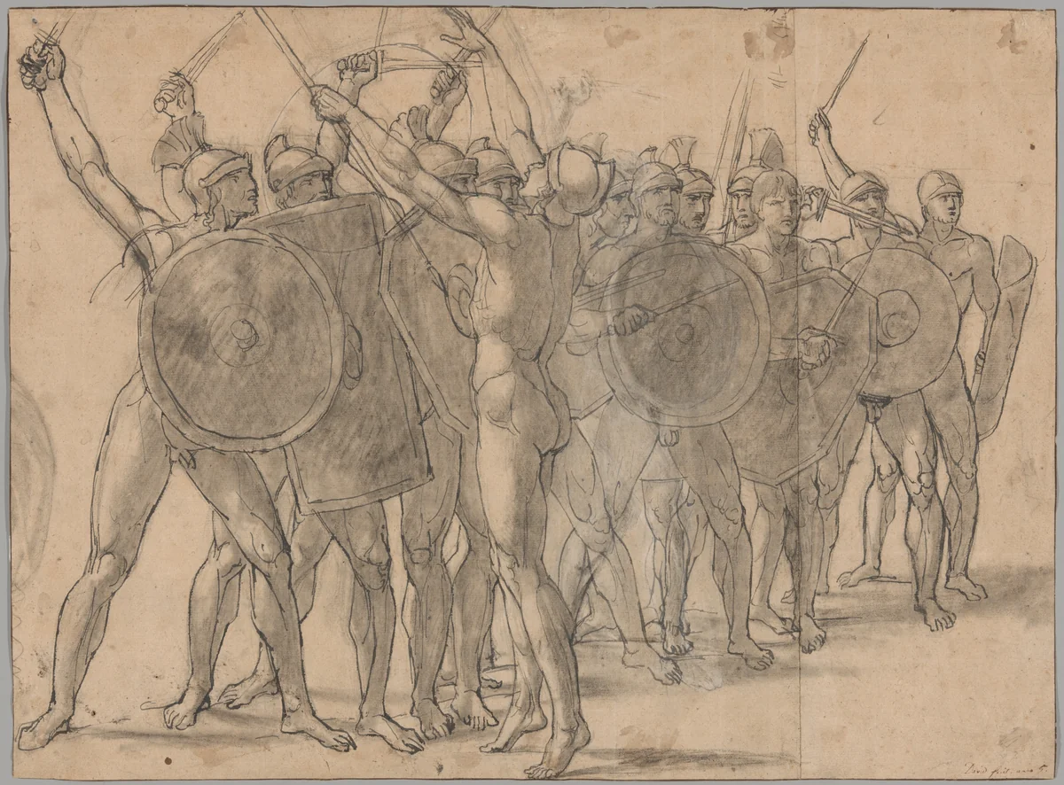 Nude Soldiers Gesticulating with Their Weapons (recto); Two Drapery Studies for the Figure of Tatius (verso) by Jacques-Louis David, drawing, 1796-1797