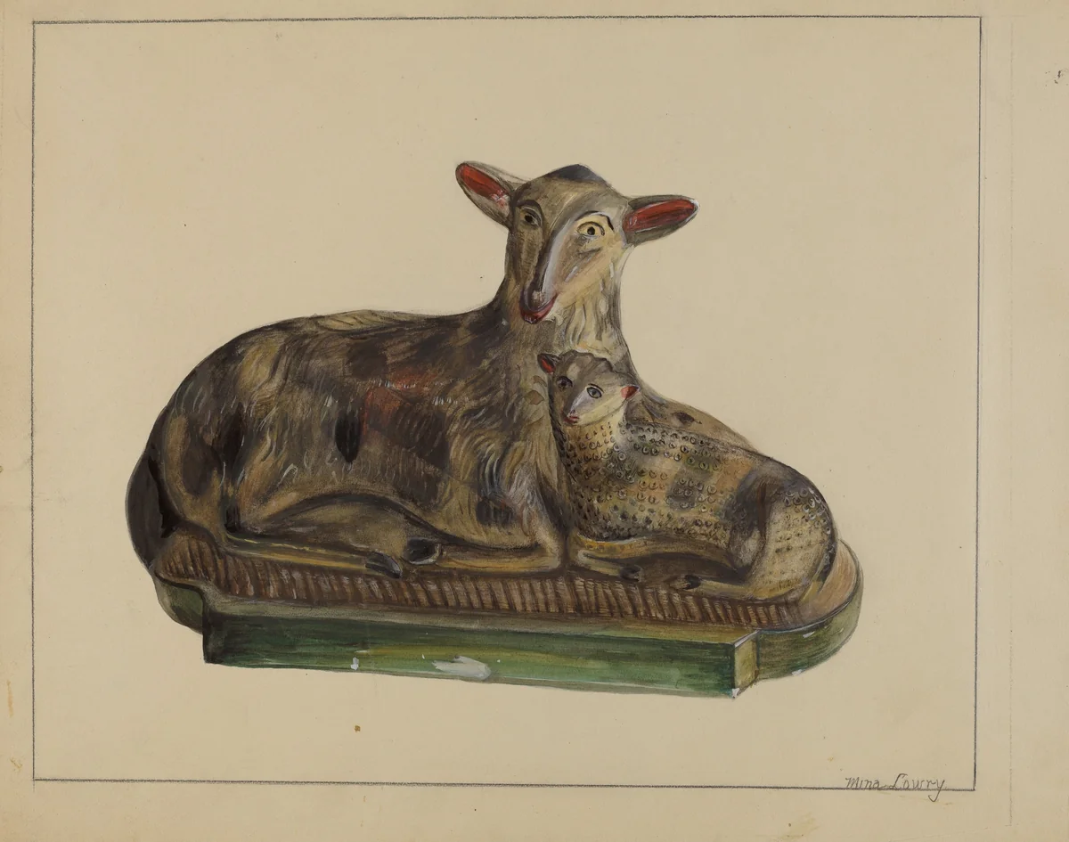 Pa. German Chalkware Lamp and Sheep by Mina Lowry, index of american design, 1936
