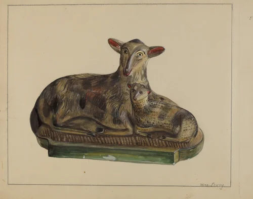 Pa. German Chalkware Lamp and Sheep by Mina Lowry, index of american design, 1936