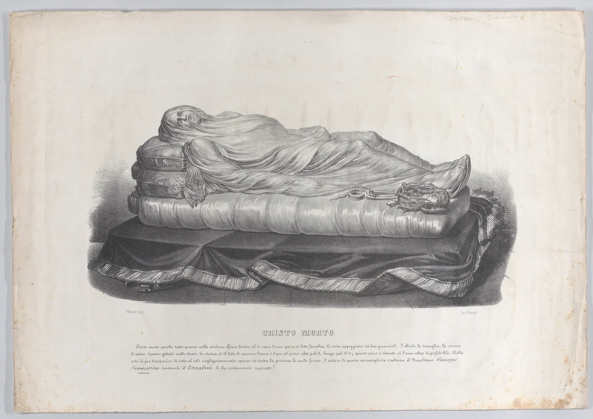 The dead Christ, wrapped in a shroud, after the marble statue in the Sansevero Chapel, Naples by Francesco Wenzel, print, 1840-1850