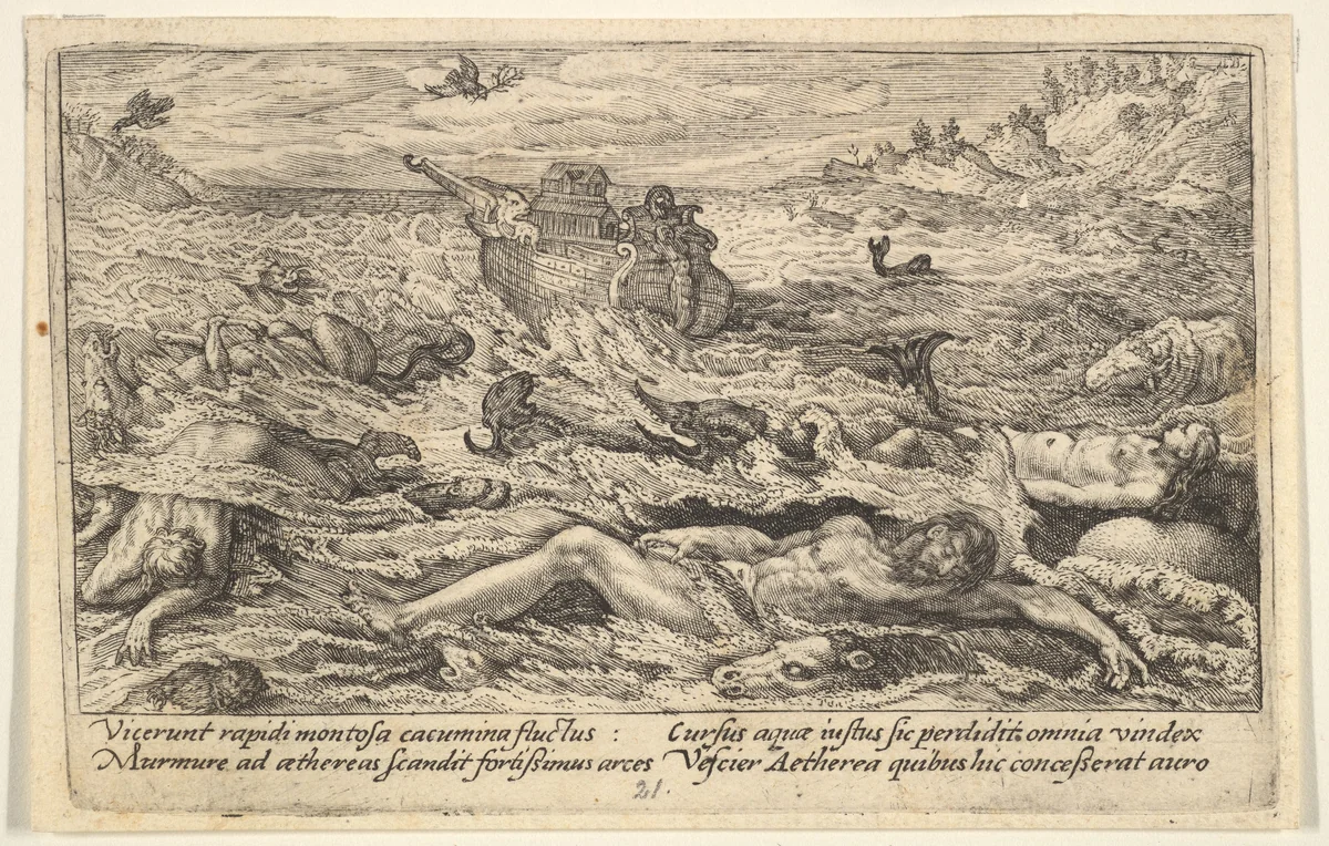 The Flood destroys life on earth: corpses of humans and animals adrift in the foreground, Noah's ark beyond and a flying dove holding a branch above, from "Liber Genesis" by Crispijn de Passe, print, 1612
