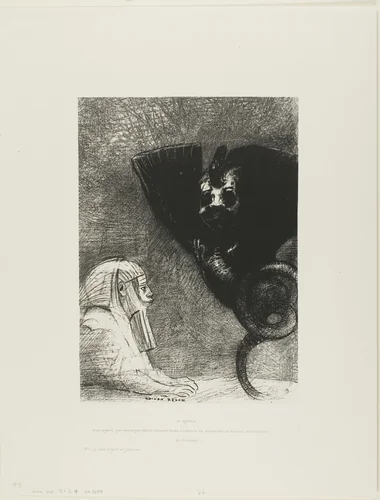 The Sphinx: "...my gaze that nothing can deflect, passing through objects, remains fixed on an inaccessible horizon." The Chimera: "As for me, I am light and joyful," plate 5 from To Gustave Flaubert by Odilon Redon, print, 1889
