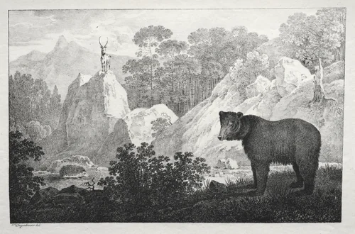 Mountainous Landscape with Bear in the Foreground by Maximilian Josef Wagenbauer, print