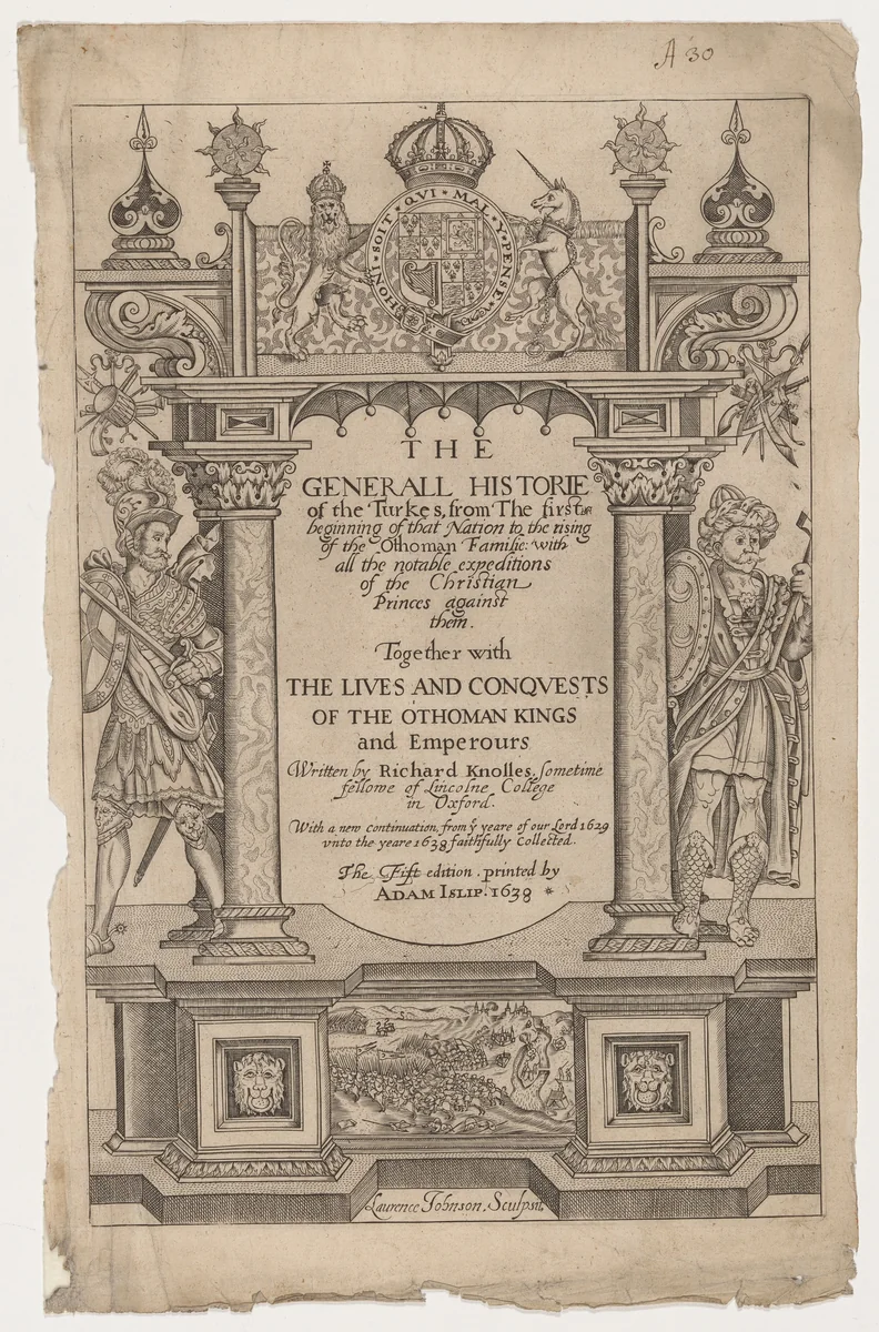 Title Page for R. Knolles Generall Historie of the Turkes by George Keller, print, 1603